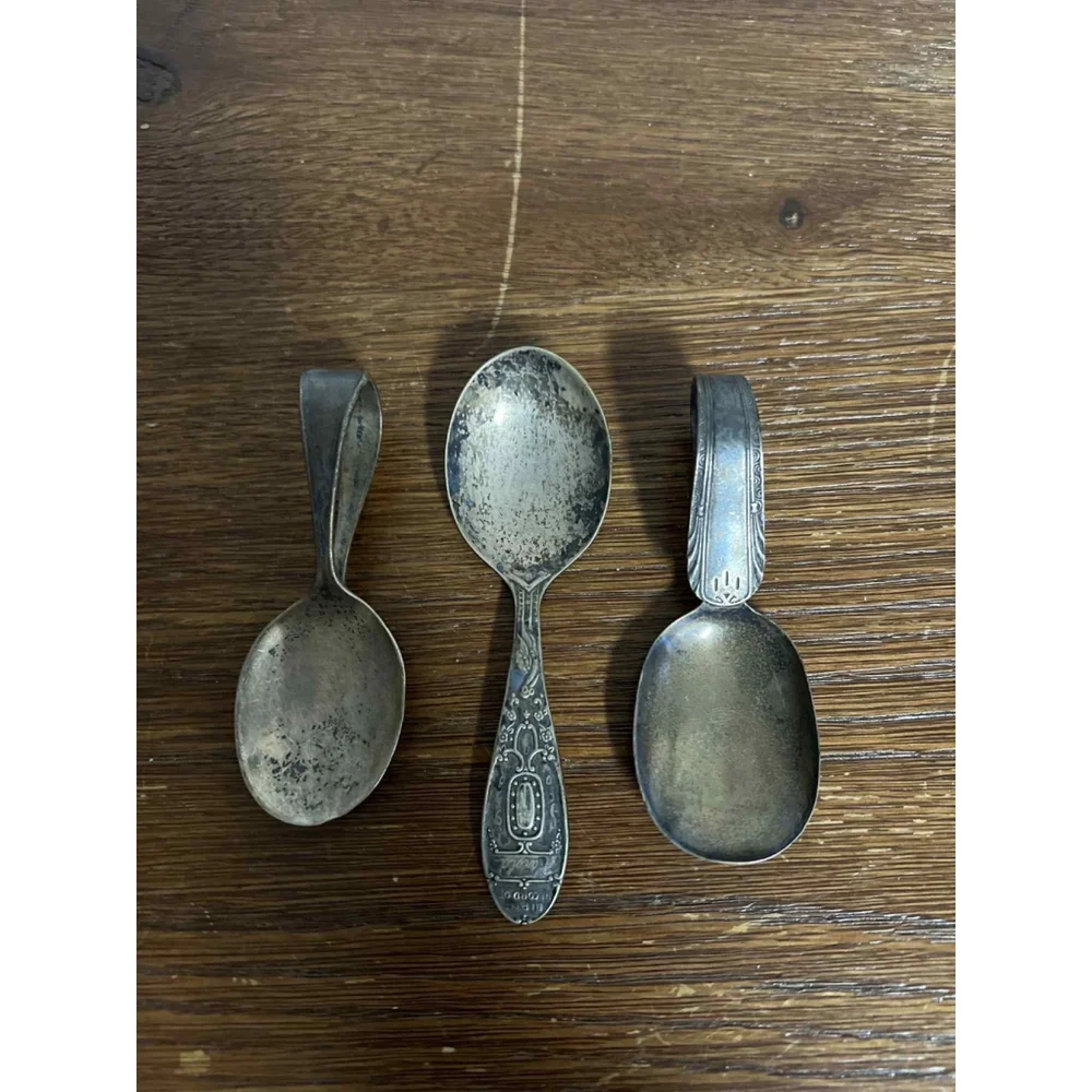 Vintage Silverplate Baby Spoon Lot Set X3 Antique Bent Handle Ornate Unmarked